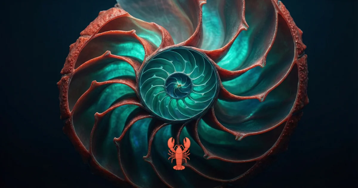 Cross-sectioned nautilus shell with bioluminescent teal glow — the ancestor shell